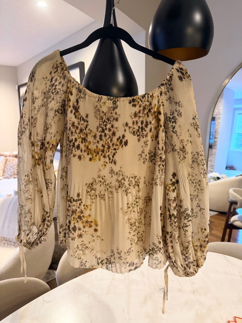 Aritzia Cream Floral Off-Shoulder Pleated Blouse